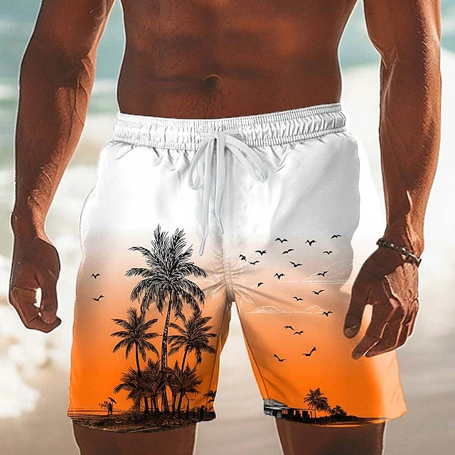 

Tropical Sunset Palm Tree Graphic Beach Shorts For Men, Quick Dry 3D Print Swim Trunks, Summer Casual Drawstring Board Shorts