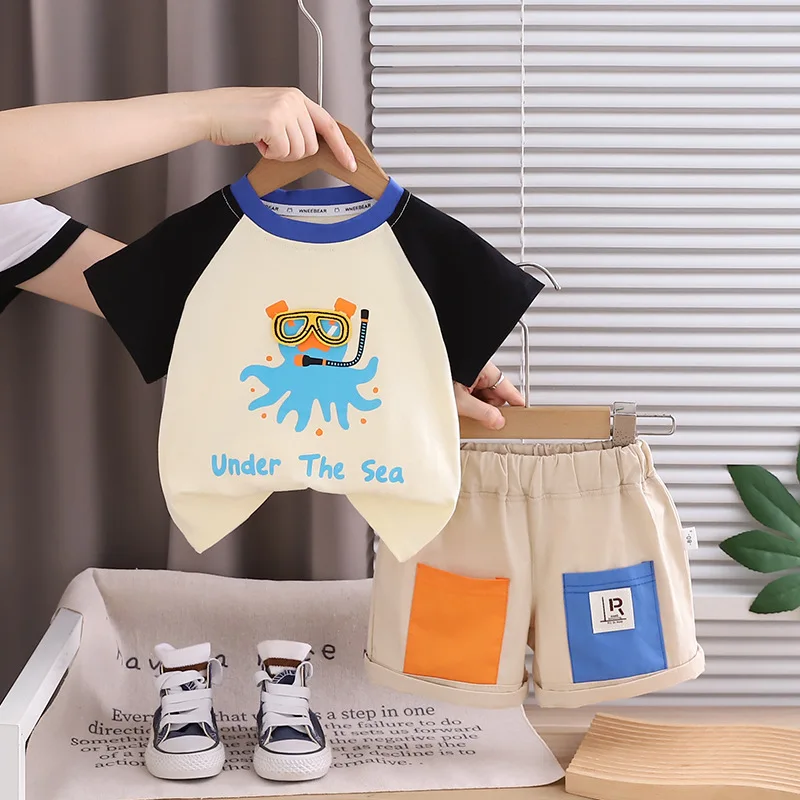 2026 Summer New Kids Octopus Print Raglan Short Sleeve T-shirt Shorts 2pcs Set Toddler Boys Under The Sea Casual Clothing Suits