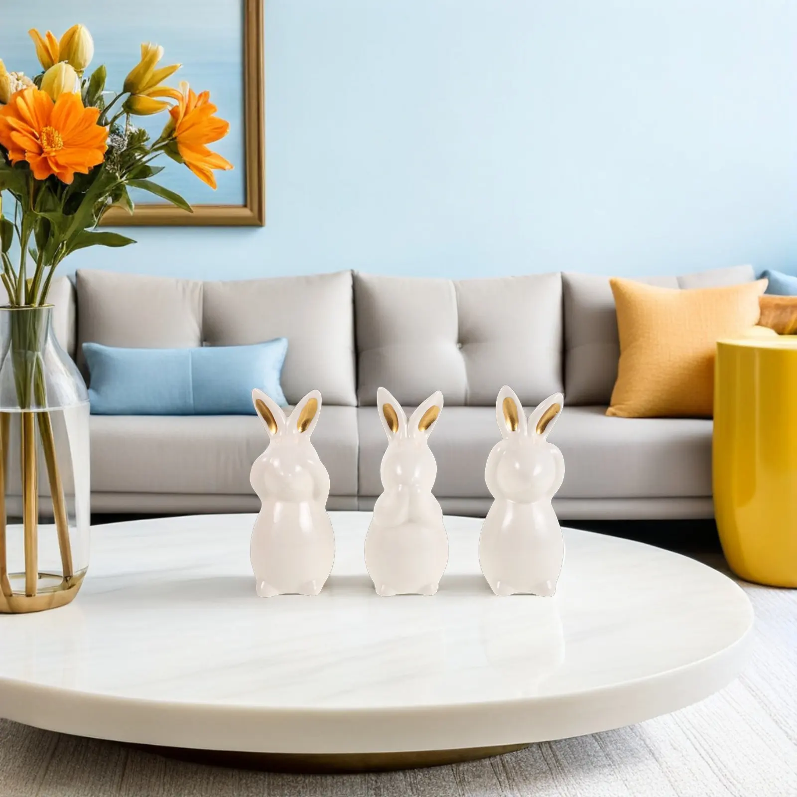 3Pcs Ceramic Bunny Statue Ornaments No Hear Speak See Poses Mini Porcelain Easter Rabbit Sculpture Tabletop Decorative Animal