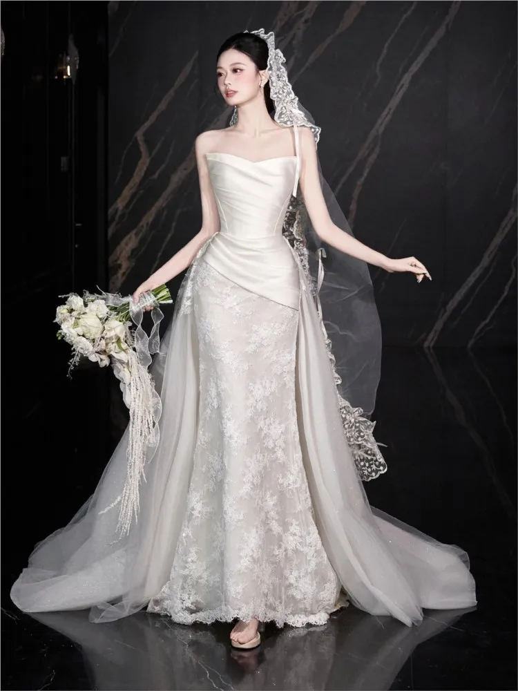 Strapless satin light fishtail lace wedding dress with a tulle tail