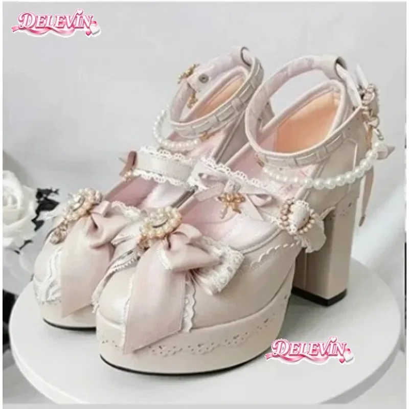 Japanese Production Mine Lolita Shoes Women High Heel Pumps Autumn 2026 New Sweet Girls Elegant Bow Lace Pearl Mary Jane Shoes