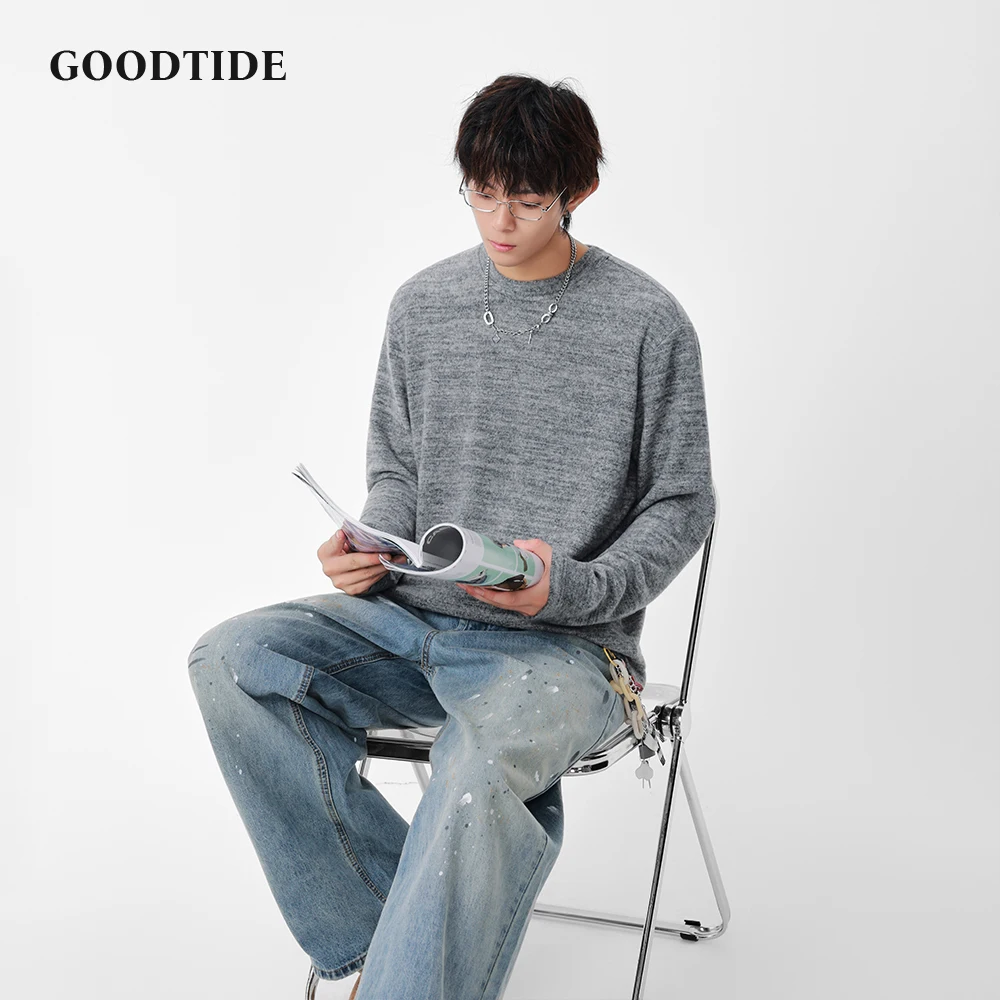 

Модный мужской повседневный свитер с круглым вырезом, осень-зима 2025 г., новый текстурированный трикотаж и свободный дизайн, удобный повседневный топ