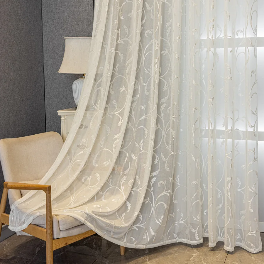 

Jacquard Leaves Pastoral Transparent Tulle Curtains White Yarn Living Room Bedroom Balcony Light-transmitting Window Curtain