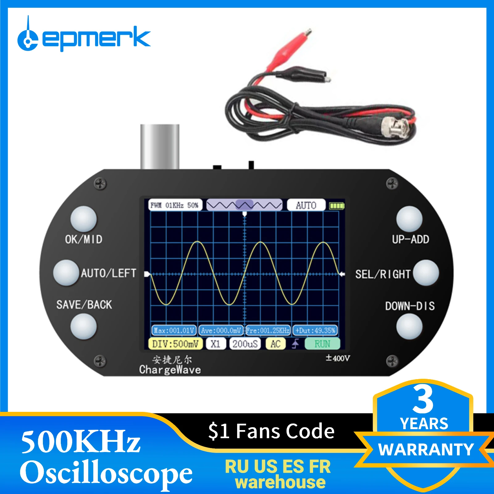 Lepmerk Portable Digital Oscilloscope 2.4inch TFT Screen 500KHz Analog Bandwidth Professional Multimeter Automotive Oscilloscope