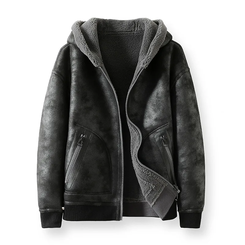 

2025 Autumn New Hooded Double-sided Motorcycle Jacket with Fleece Coat Winter Fashion Trend Men's Fur