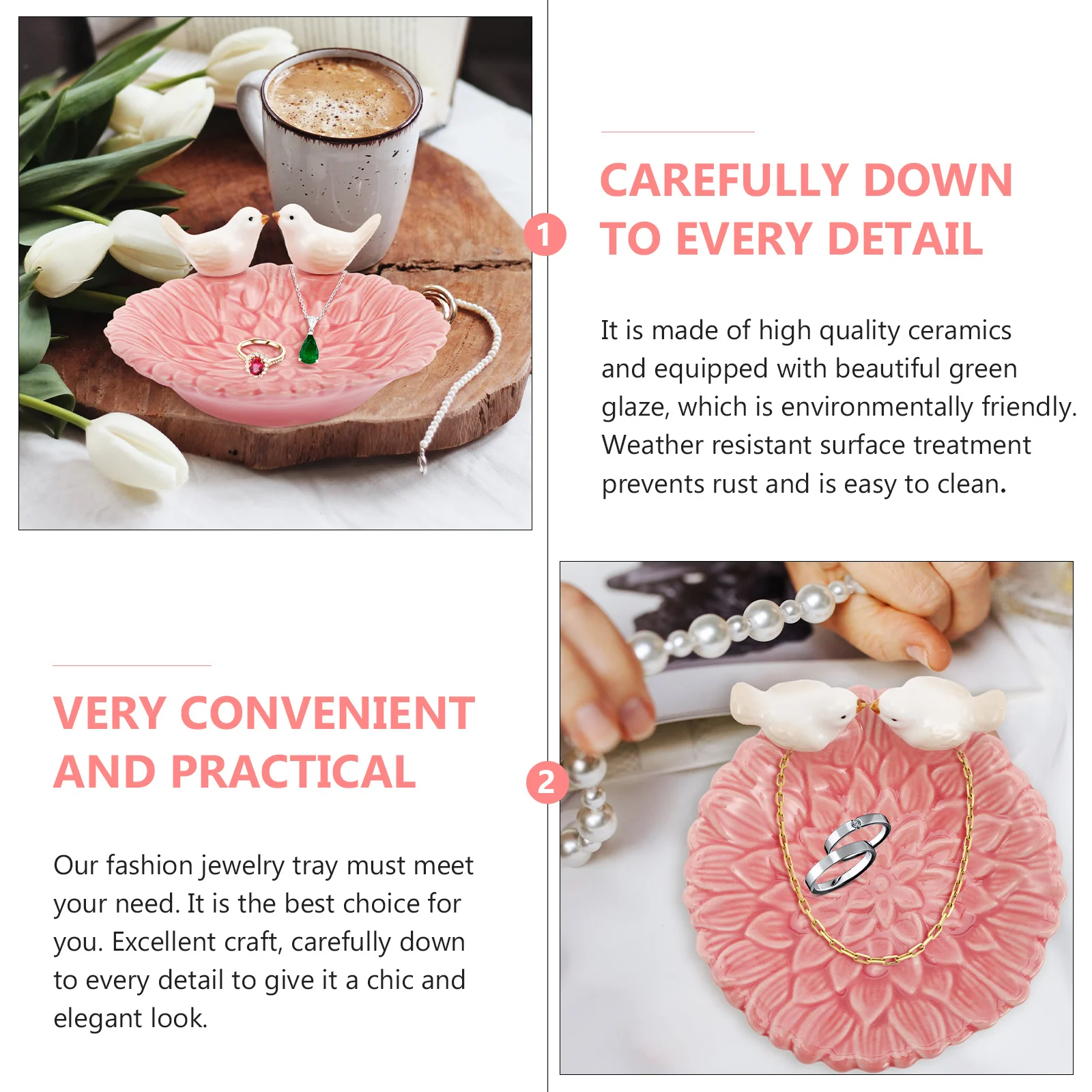 

Ceramic Jewelry Organizer Tray with Birds Design for Desktop Bedroom Dresser Decor Storage Rings Necklaces Earrings Household