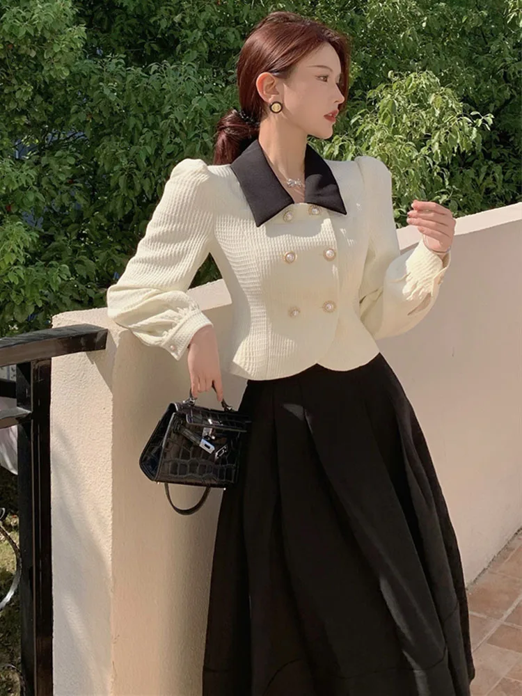 2023 Spring Elegant Two Piece Set Women Casual Slim Korean Coat + Black Pleated Gothic Vintage Midi Skirt Office Lady Skirt Srts