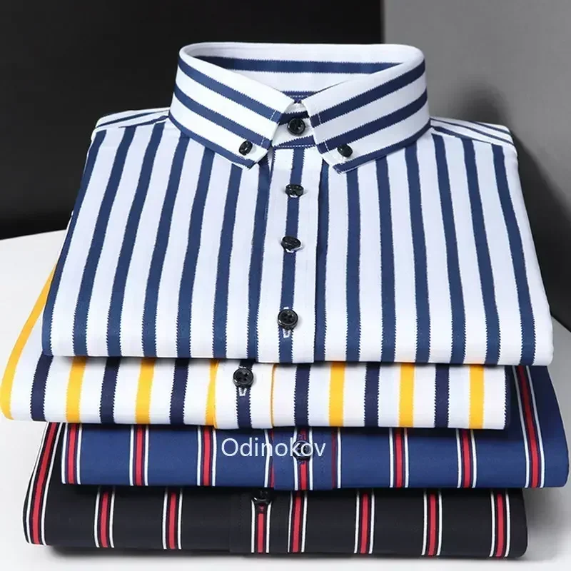 

Men's Smooth Non-iron Stretch Soft Casual Striped Shirts Without Pocket Long Sleeve Standard Fit Youthful Button Down Shirt