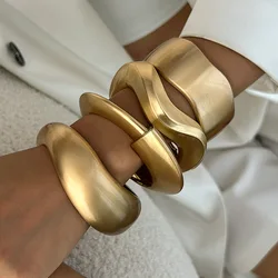 Wide Cuff Bangles Punk Gold Color Geometric Matte Metal Large Bangles for Women Bracelets Men Exaggerated Luxury Jewelry