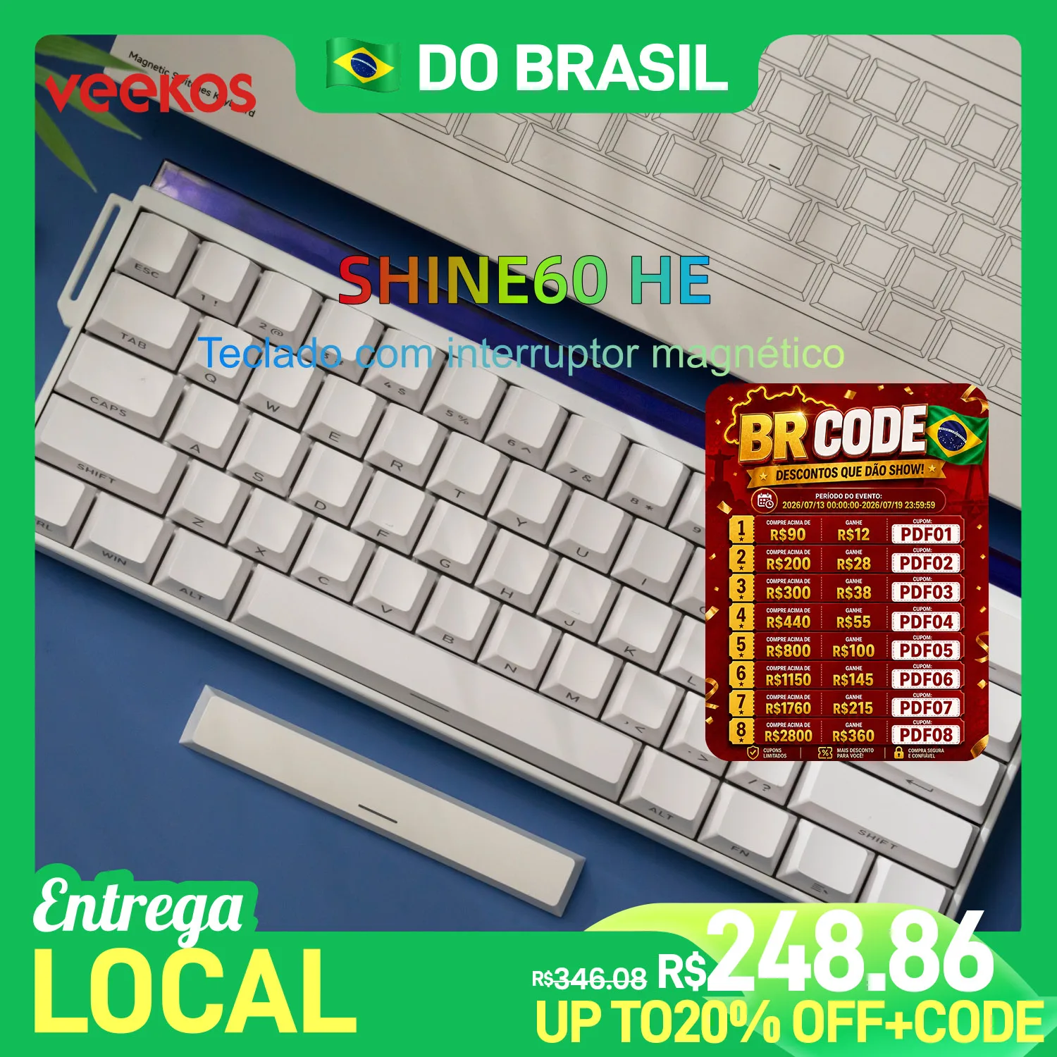 Veekos Shine60 HE Teclado com interruptor magnético 60% AGRB com fio com caixa de luz Gatilho rápido 0,01 mm 8K USB Tipo-C Teclado para jogos com fio