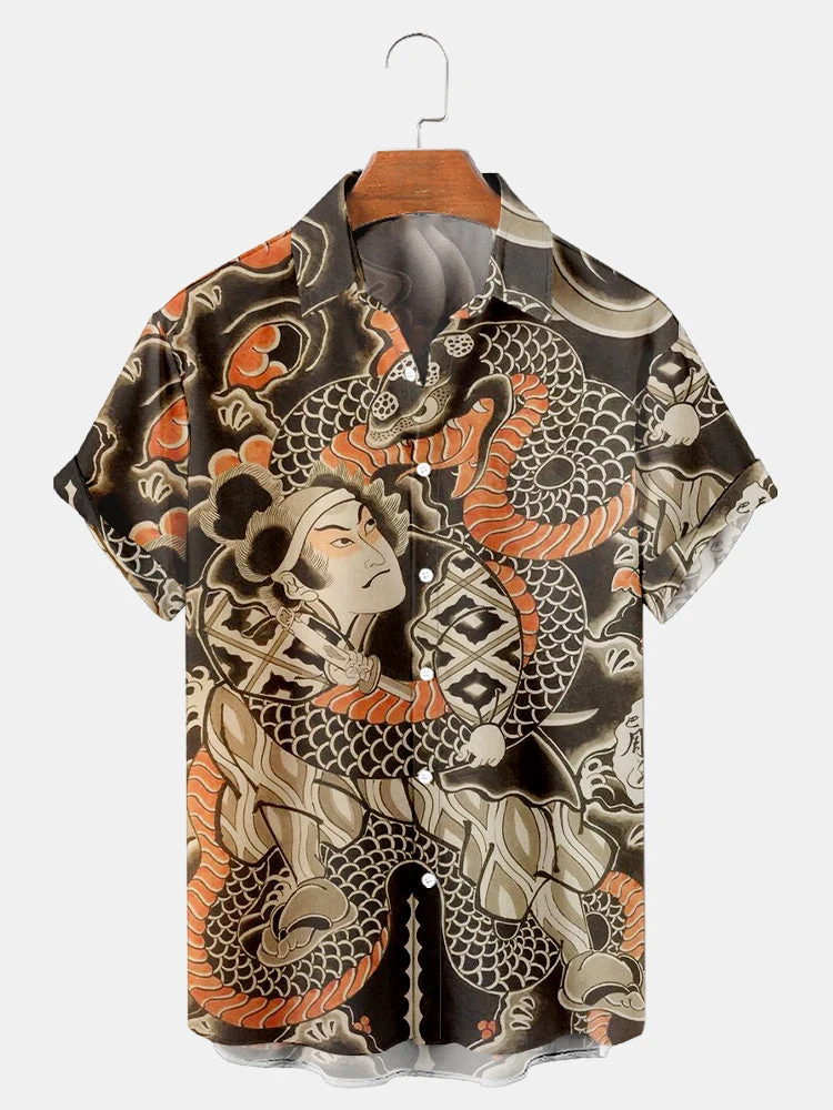 2024 Urban Fashion Men's Short-sleeved Shirt Outdoor Street Men's Casual Shirt Retro Oriental Printed Men's Short-sleeved Shirt