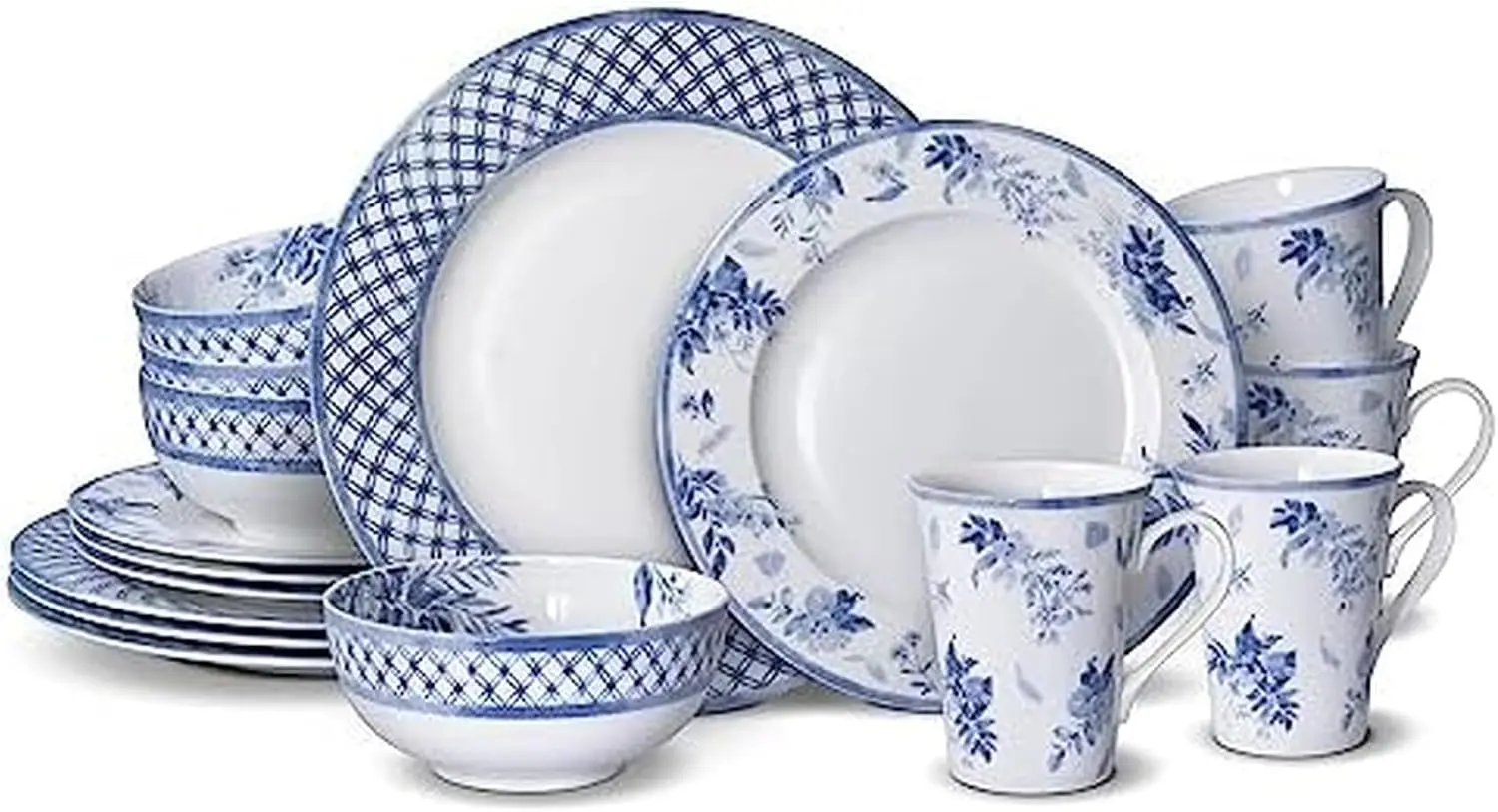 Bone China Dinnerware Set, 16-Piece Service for 4, Lightweight Chip-Resistant, Blue and White