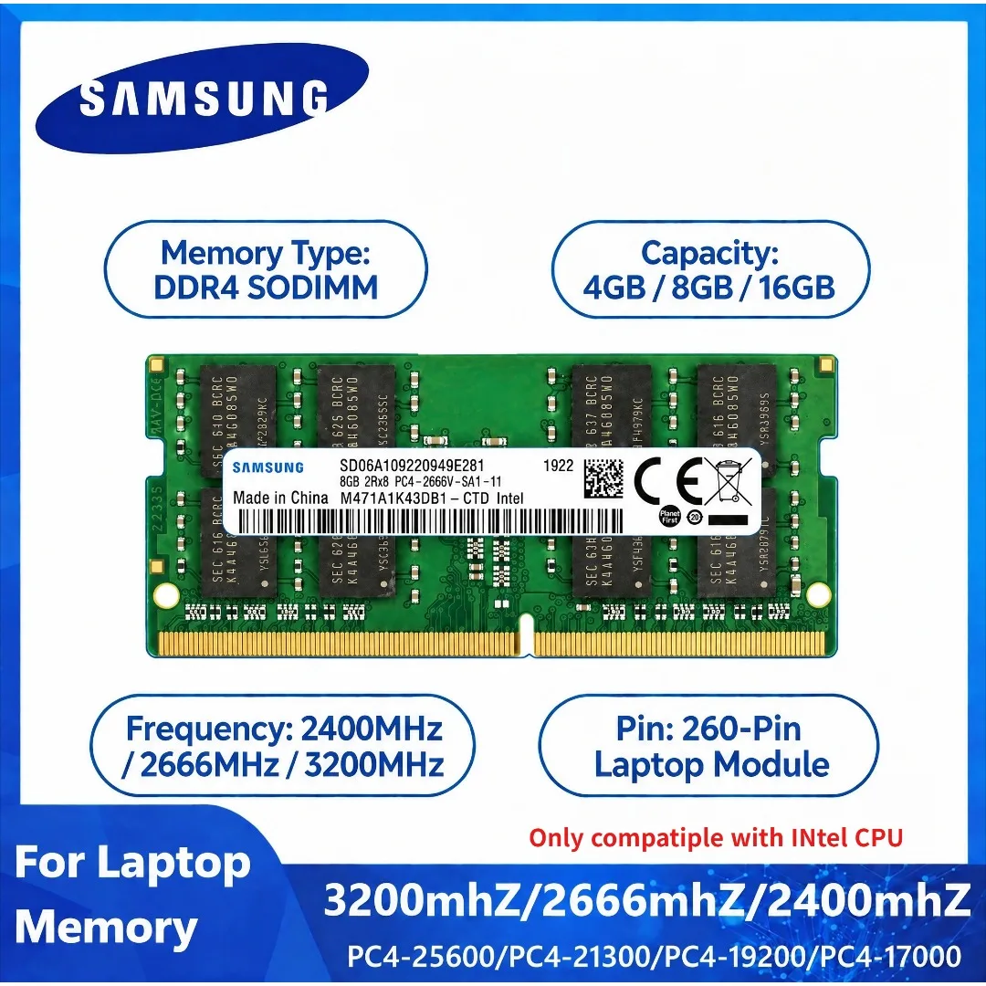 Samsung DDR4 Laptop Memory for Intel CPU 8GB 16GB 3200MHz 2666MHz 2400MHz SODIMM RAM for Intel Notebook PC Compatible  Memória