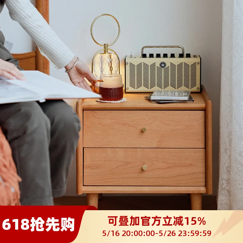 Nordic Cherry Oak All Solid Wood Bedside Table Bedroom Storage Small Unit Side Cabinet Japanese Modern Simple