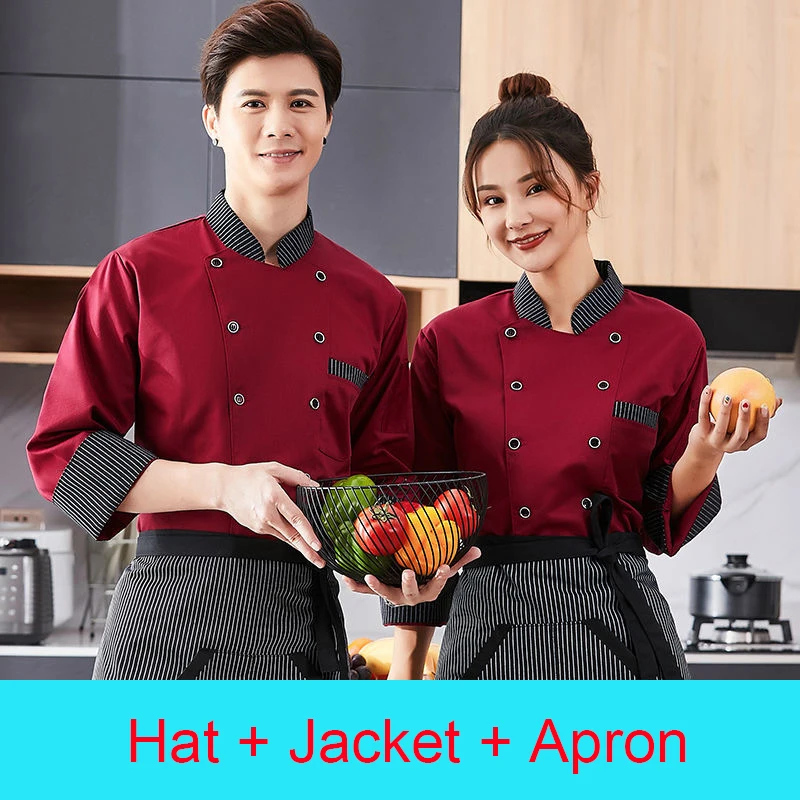 สีแดง Cook Uniform แขนยาวเชฟแจ็คเก็ตร้านอาหารโรงแรมผ้ากันเปื้อนสำหรับห้องครัวผู้ชายเบเกอรี่ผู้หญิงหมวก Chef Chef aprons Cafe