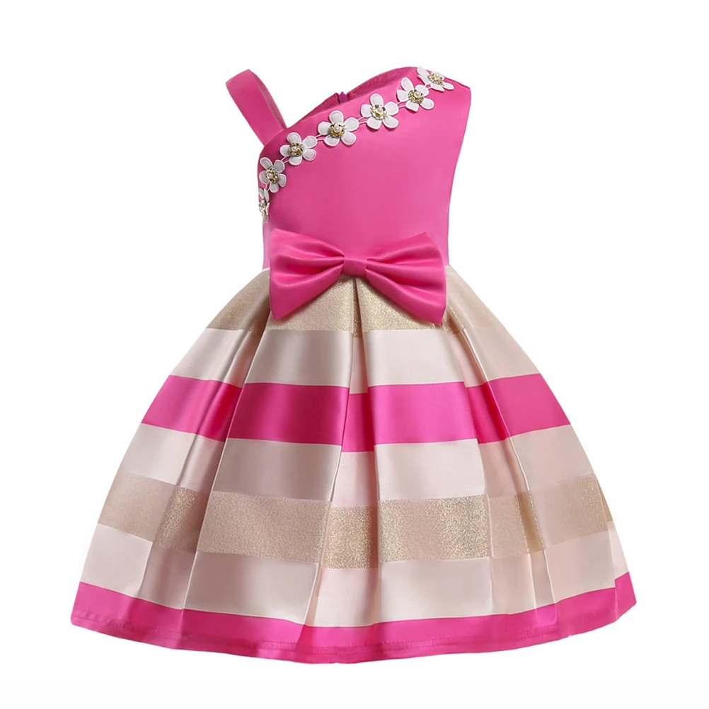 

One piece Princess Dress for Kids Age 3 8 Horizontal Stripe Child One shoulder Smooth Cotton Polyeter Comfortable SkinFriendly