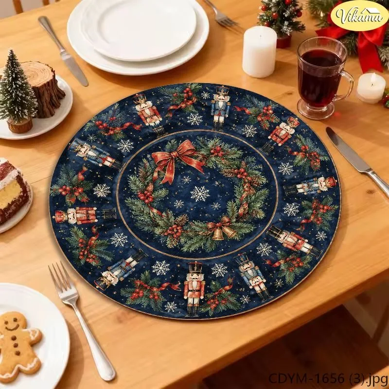 VIKAMA Washable Round Christmas Placemat, Navy Blue Red Poinsettia Gold Bauble Wreath Filigree, Winter Dining Mat