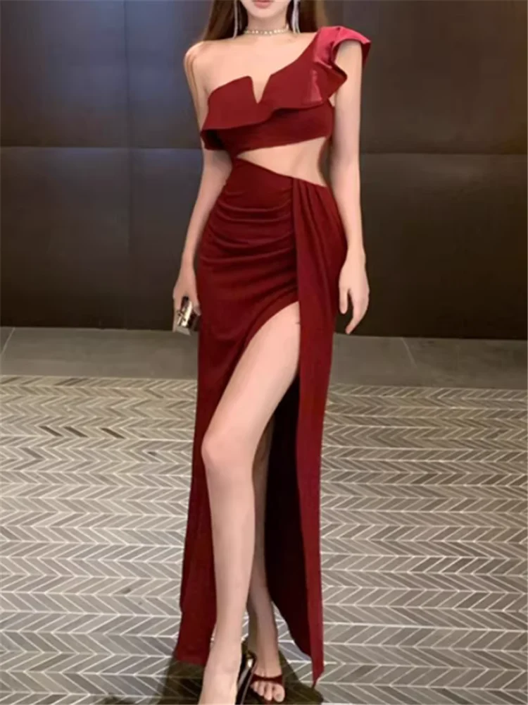 Abito da sera irregolare in vita a rete trasparente con volant e una spalla Abito da festa da discoteca aderente con spacco alto rosso nero da donna sexy