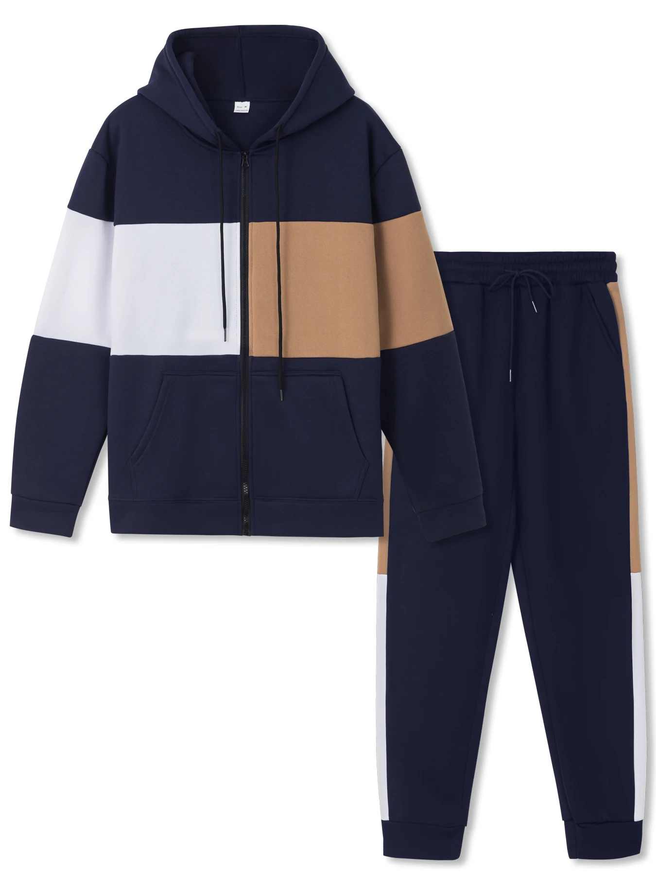 

Men's Fall-Winter Zip Hoodie & Pants Set: Color-Block, 3 Colors. Warm, casual—fits daily outings/relaxing, easy to match.