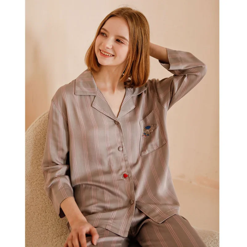 2023 Women\'s Satin Long Sleeve Pajamas Pocket Embroidery Cupid\'s Arrow Trousers Home Suit Viscose Loungewear 2 Piece Nightwear