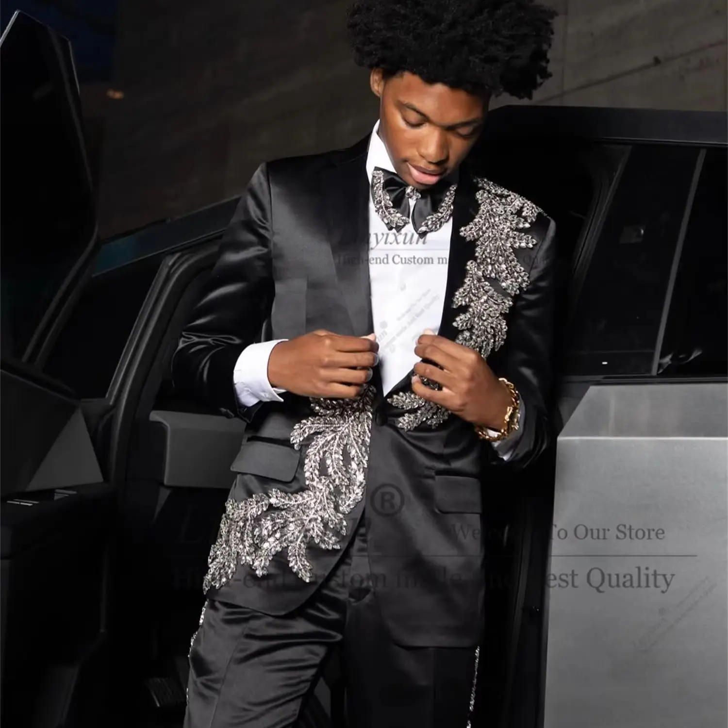 Shiny Suits Men For Wear Diamond Beaded Satin Jacket Pants 2 Pieces Customized Single Breasted Groom Wedding Tuxedo Attire