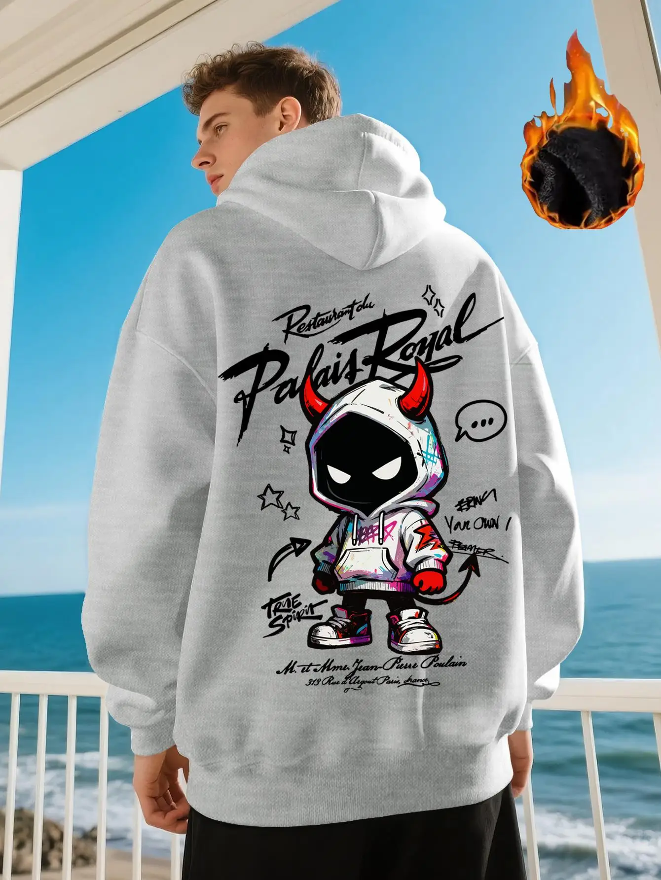 Doodle-style cool and handsome little devil pattern printed men's fall-winter casual sports street fashion warm hoodedsweatshirt