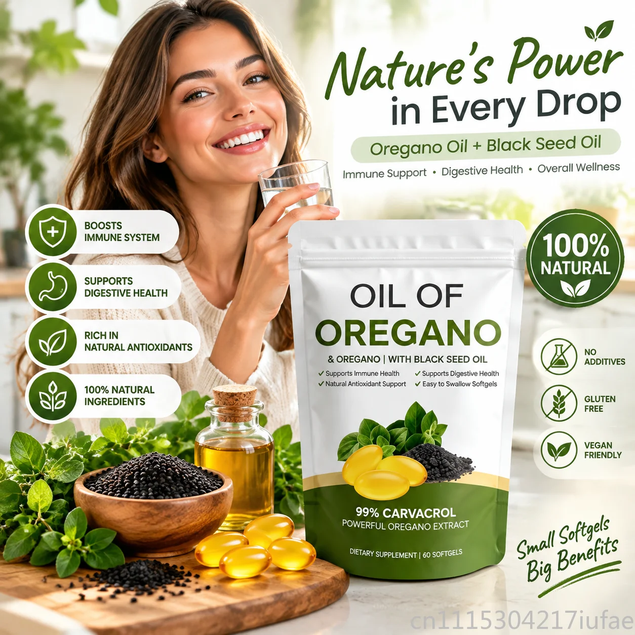 60 Count Oregano Oil Black Seed Oil Softgels Herbal Plant-Based Natural Supplement Capsules for Immune & Digestive Support