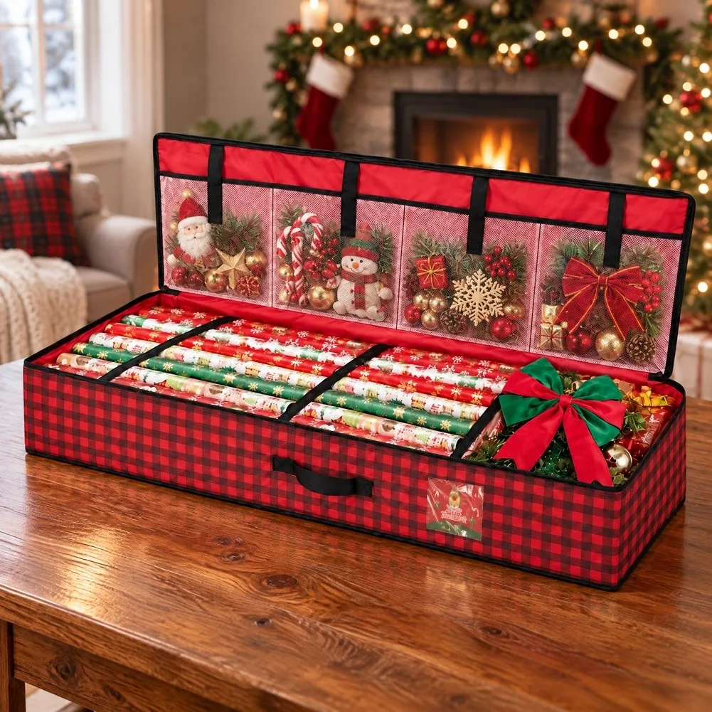 Christmas Ornament Storage Bag with Dividers Clear Pockets and Handles for Holiday Decoration Organization Red 99x35x15cm