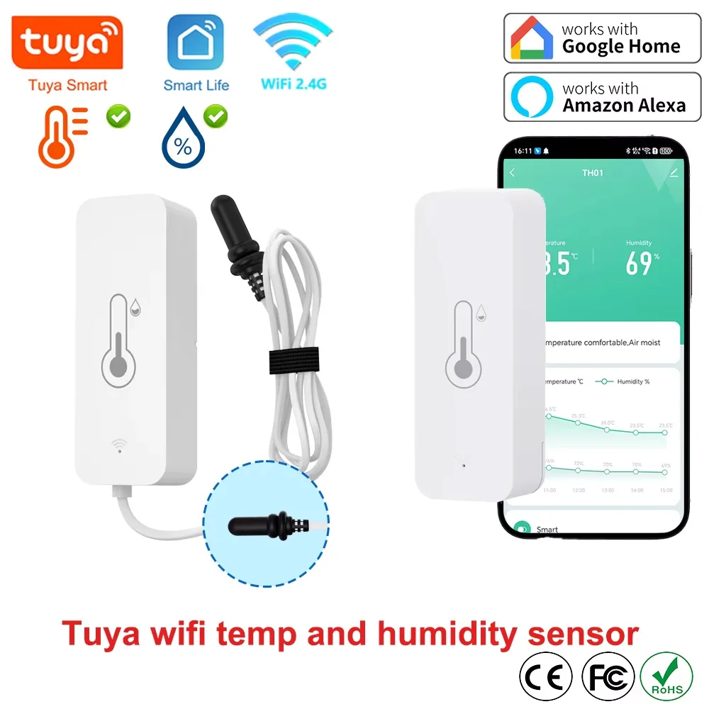 

Tuya WiFi Temperature and Humidity Sensor With External Probe Sensor APP Remote Control WorkWith SmartLife Yandex Alexa