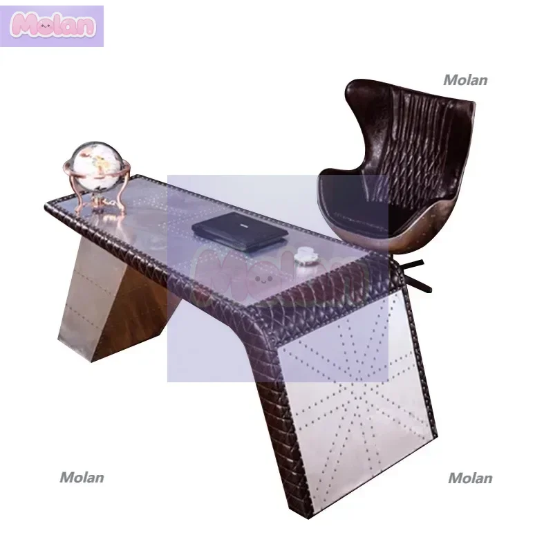 

Industrial style office table and chair combination American retro metal table creative aluminum leather studio office boss tabl