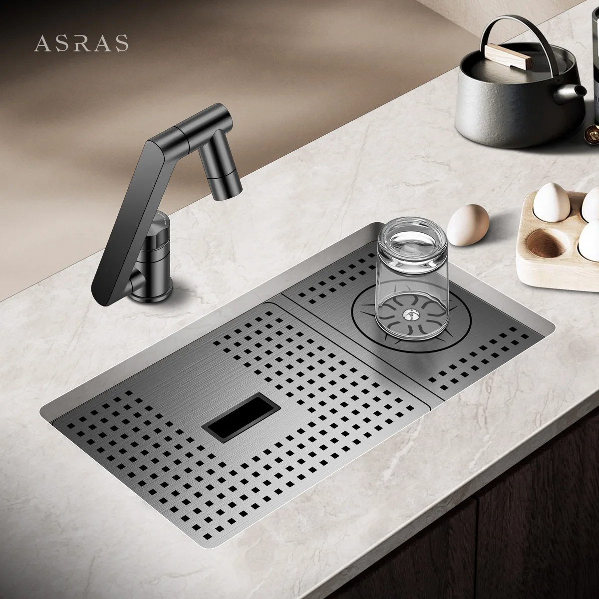 ASRAS Kitchen Bar Sink Nano Kitchen 304 Stainless Steel Small Single Sink with Built in Cup Cleaning Device