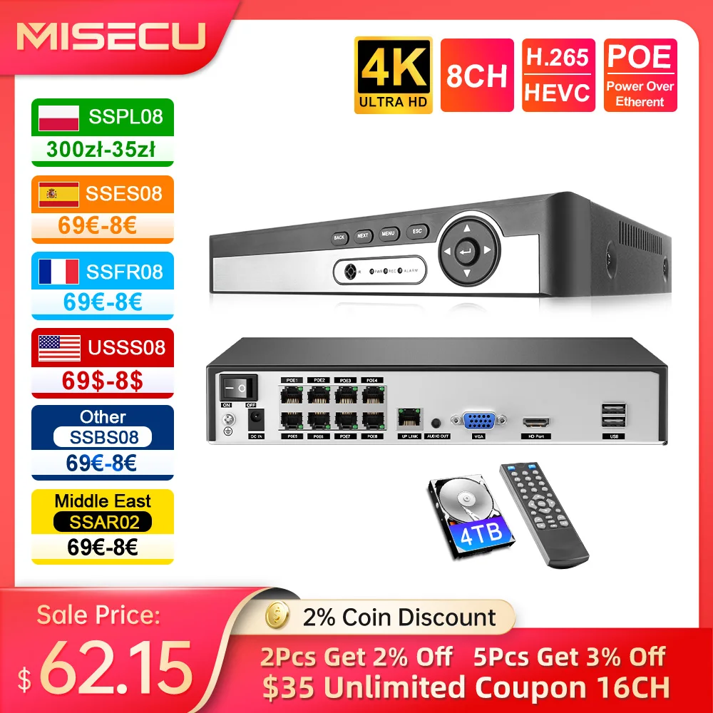 MISECU H.265 UHD 8CH 4K 5MP 8MP 1080P POE NVR Network Face Detect Two Way Audio Video Recorder For Security POE IP Camera ONVIF