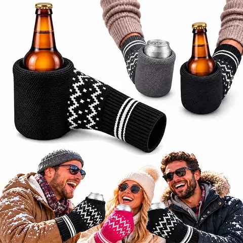 Winter Striped Knitted Beer Can Holder Mitten Gloves Insulated Drink Koozie Hand Warmer Funny Gift for Camping BBQ Outdoor Party