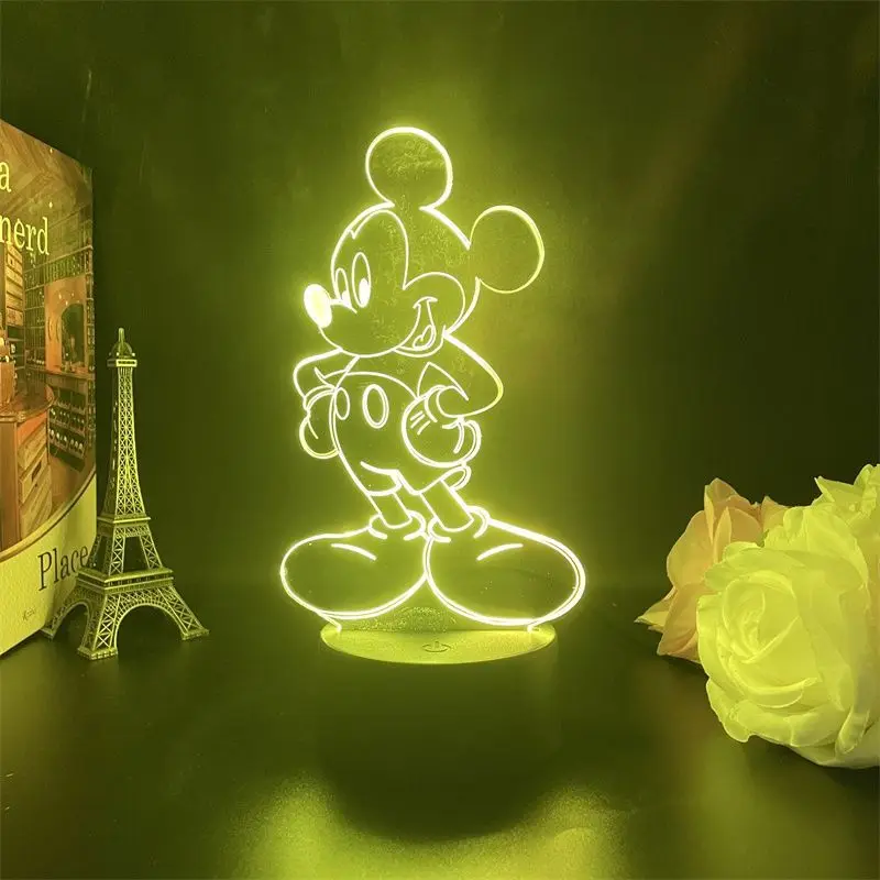 Mercancía de dibujos animados de Disney Mickey, soporte acrílico brillante, luz nocturna creativa para dormitorio, decoración de figuras, regalo