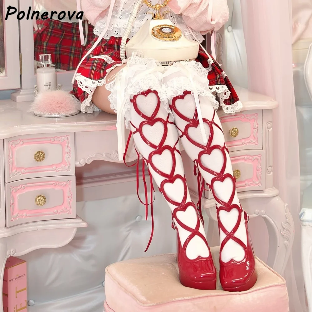 Solid Hollow Heart Sandals Narrow Band Ribbon Lace Up Platform Chunky Heels Lolita Shoes Women's Summer Sweet Lovely Shoes 2025