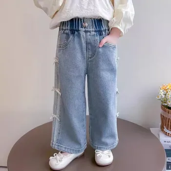 Baby Girls Spring Jeans Kids Summer Bow Denim Pants Children's Straight Wide-leg Trousers Toddler Autumn Loose Clothing 2-8Y 3