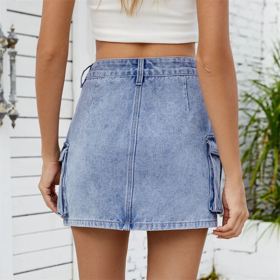 Benuynffy American Retro Multi-pocket Denim Skirt Women Summer High Waisted Slim Bodycon A-line Cargo Mini Skirts 2025 New