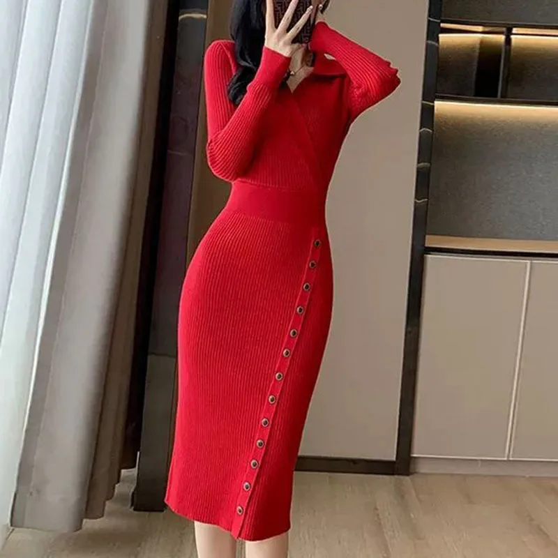 

Elegant High Waist Bodycon Dress Women Fashion Streetwear Slim Elastic Knitted Dresses Ladies with Buttons V-Neck Dress Robe