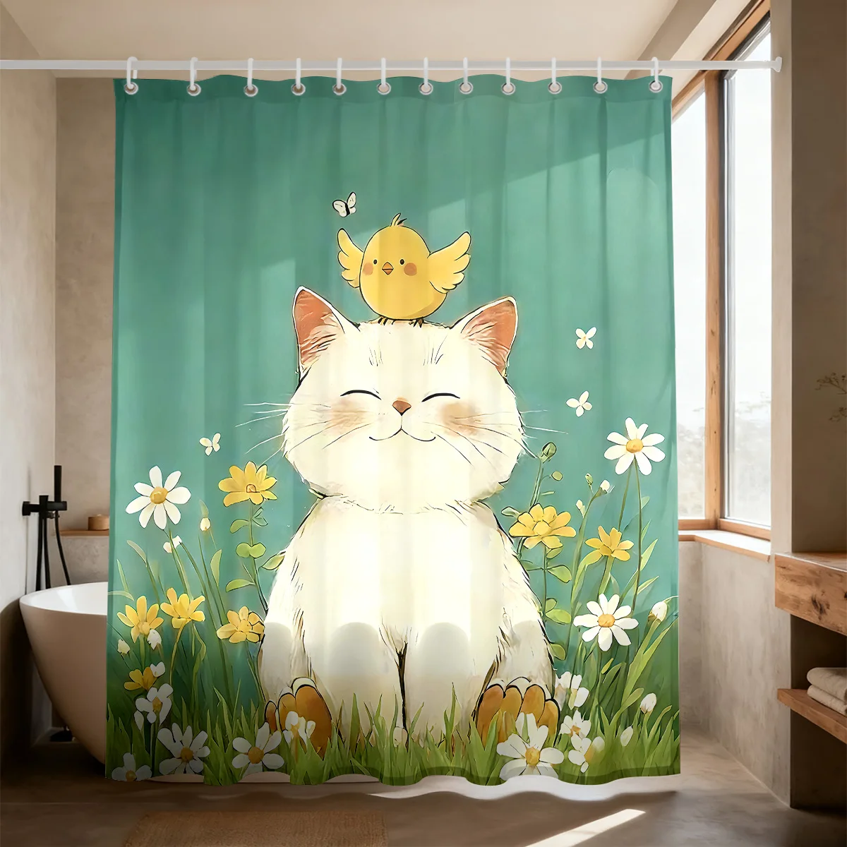Sweet Cartoon Cat Shower Curtain Polyester Digital Printing Lovely Smiling White Kitten Sitting In Green Grass, Little Yellow