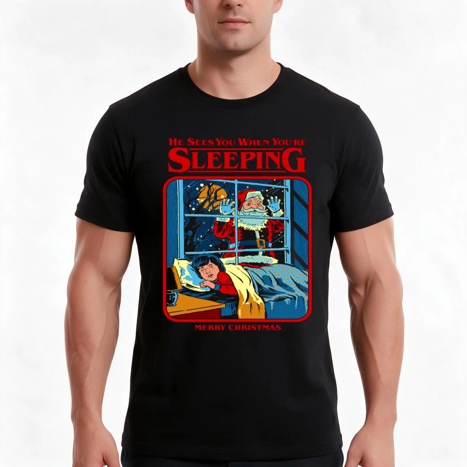 He Sees You When You're Sleeping T-Shirt, Summer Casual Cotton Tee, Oversized Streetwear Tops, Vintage Graphic Print