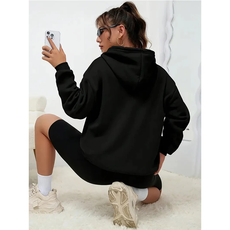 بلوفرات نسائية سوداء غير رسمية بغطاء للرأس مع طباعة قلب وأكمام طويلة وجيب وبلوزات برباط وقلنسوة موضة الخريف/الشتاء #2