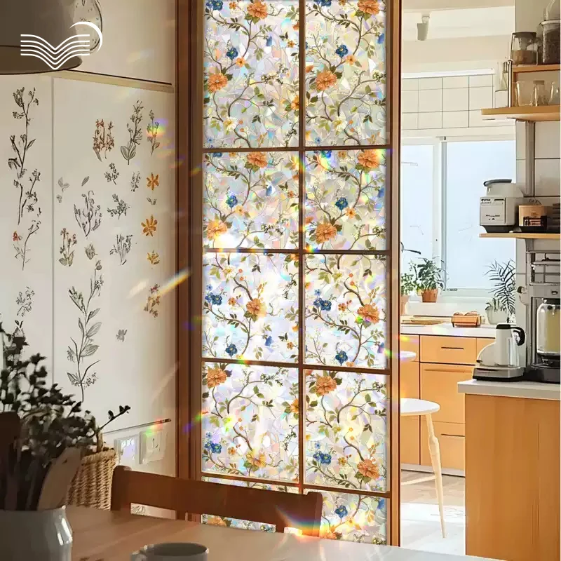 Vintage Floral Rainbow Static Cling Window Film ight Translucent Anti-peep PVC Glass Sticker Light Refraction Colorful Decal