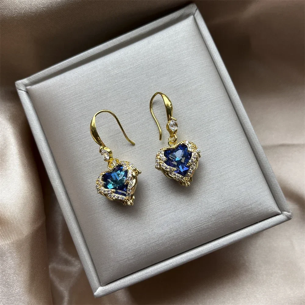 2024 Austria Crystal Gold Silver Plated Earrings Blue Purple Heart of Ocean Shaped Dangle for Birthday Gift for Women pendientes