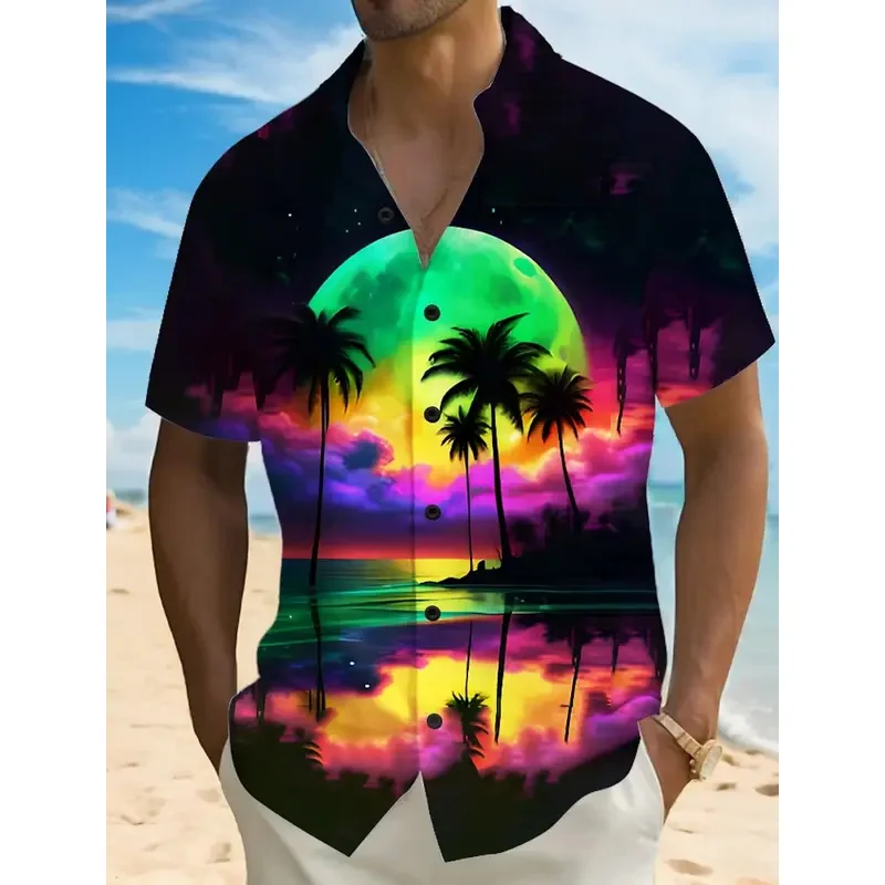 Men's fashion Hawaiian shirt 3d printed landscape tropical plant short-sleeved shirt summer casual Aloha shirt for men