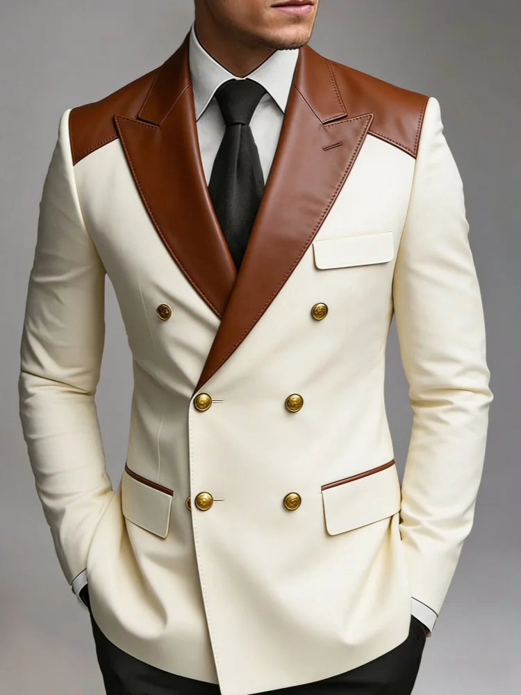 Men Brown Contrast Peak‑Lapel Double‑Breasted Solid‑Tone Slim‑Fit Wedding Formal Blazer Jacket