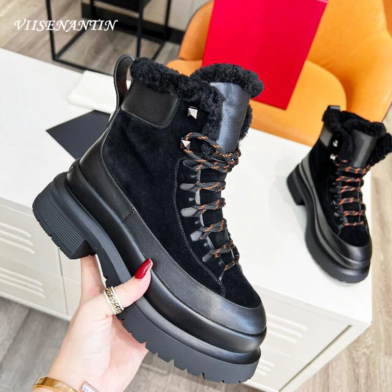 Warm Wool Fur Winter Boots Women New Arrival Lace Up Thick Sole Platform Height Increasing Cool Knight Bootie Green Brown Shoe