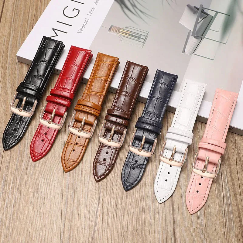 Black Brown Leather Watchband with Rosegold Buckle Universal Watch Band for Men and Women 7 Colors Available 12-24 18 20 22 mm