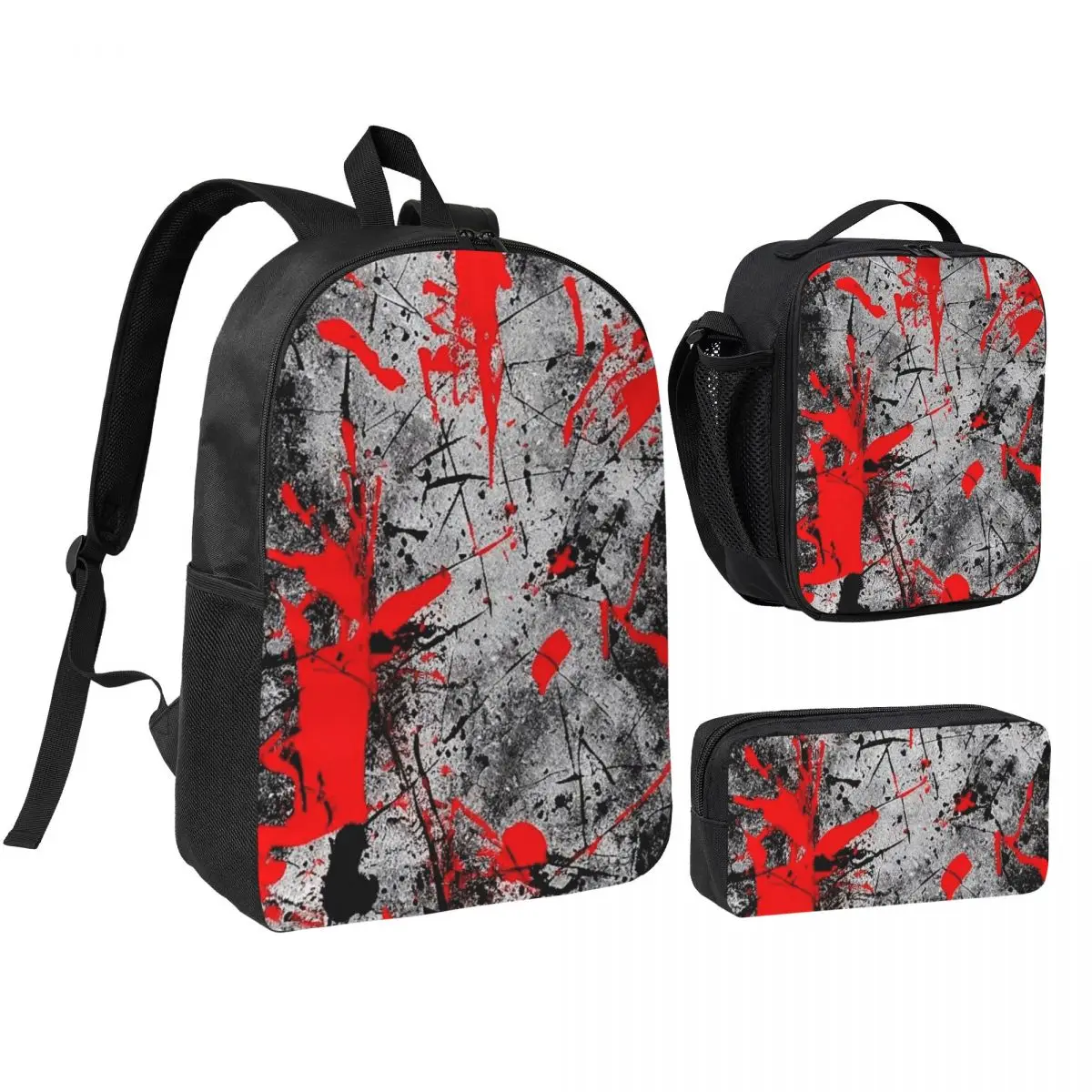 

Cool Black And Red Graffiti Pattern Backpack BookBag School Bag Computer Shoulder Bags 3ps Insulated Lunch Bag Pencil Case