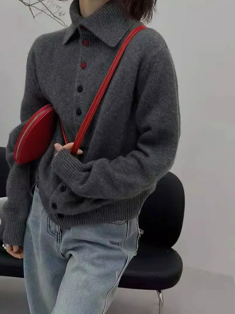 

Модный вязаный открытый кардиган с высоким воротником, мягкий удобный длинный свитер свека, повседневный свитер для поездок на работу, модный дизайн на одной пуговице