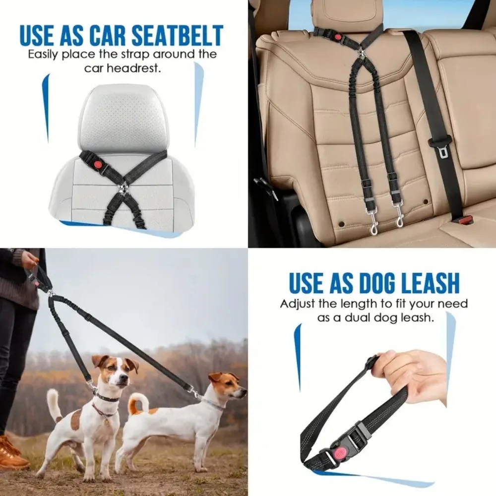 Double Dog Seat Belt Durable Nylon Dual Dog Car Seat Belt with Elastic Bungee and Headrest Restraint Safe Comfortable for Travel